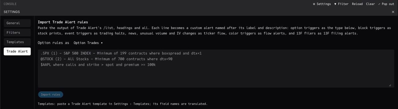 The Trade Alert import panel in console settings