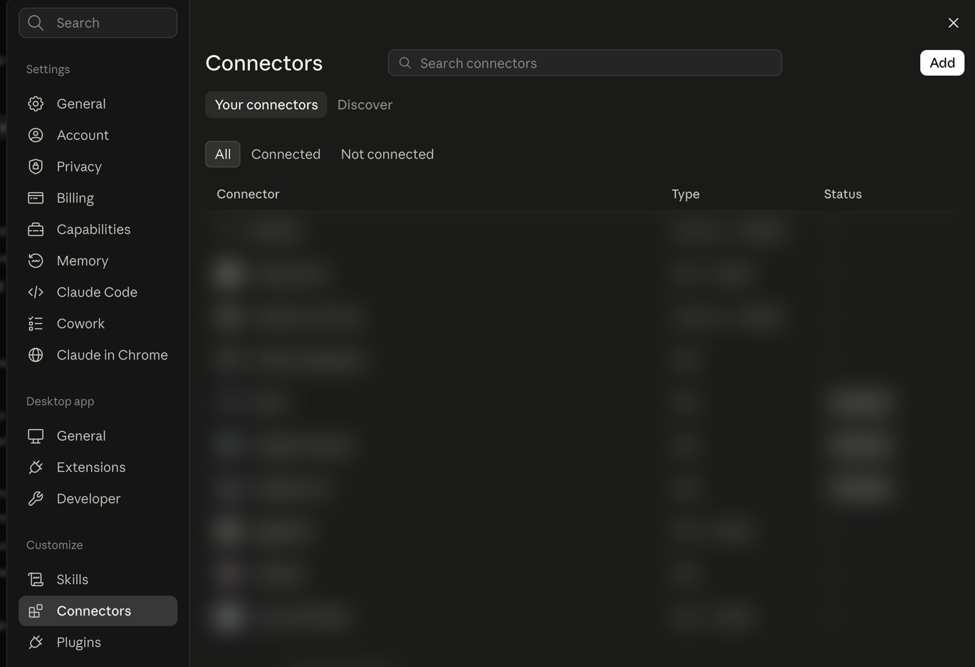 Claude's settings window. In the left sidebar, under a heading called Customize, Connectors is selected. The Add button sits in the top right of the Connectors panel.